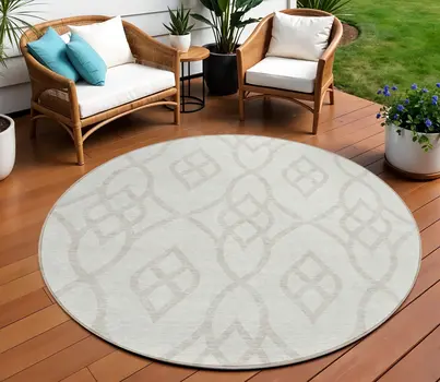 8' Ivory And Gray Round Trellis Washable Indoor Outdoor Area Rug