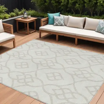 9' X 12' Ivory And Gray Trellis Washable Indoor Outdoor Area Rug