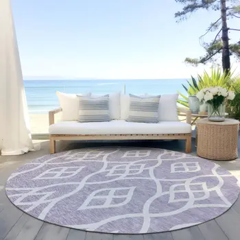 8' Lavender And Ivory Round Trellis Washable Indoor Outdoor Area Rug