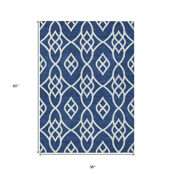 3' X 5' Navy Blue And Ivory Trellis Washable Indoor Outdoor Area Rug