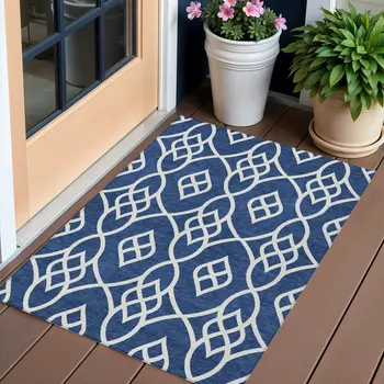 3' X 5' Navy Blue And Ivory Trellis Washable Indoor Outdoor Area Rug