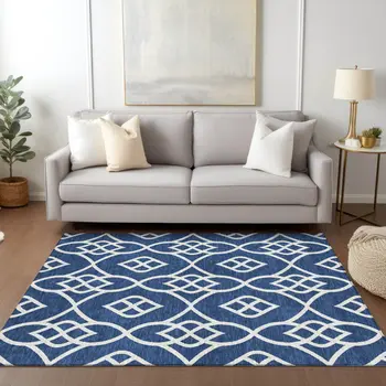 3' X 5' Navy Blue And Ivory Trellis Washable Indoor Outdoor Area Rug