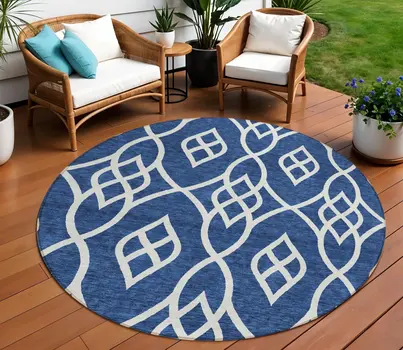 8' Navy Blue And Ivory Round Trellis Washable Indoor Outdoor Area Rug