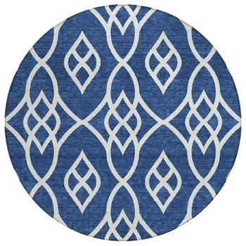 8' Navy Blue And Ivory Round Trellis Washable Indoor Outdoor Area Rug