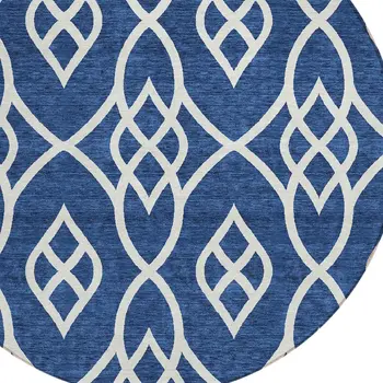8' Navy Blue And Ivory Round Trellis Washable Indoor Outdoor Area Rug