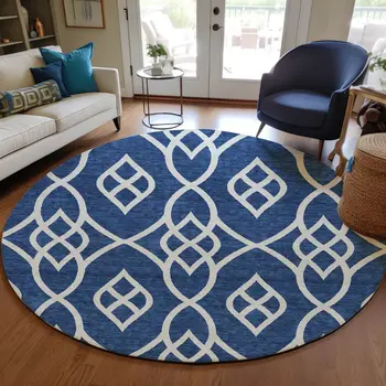 8' Navy Blue And Ivory Round Trellis Washable Indoor Outdoor Area Rug