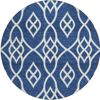 8' Navy Blue And Ivory Round Trellis Washable Indoor Outdoor Area Rug