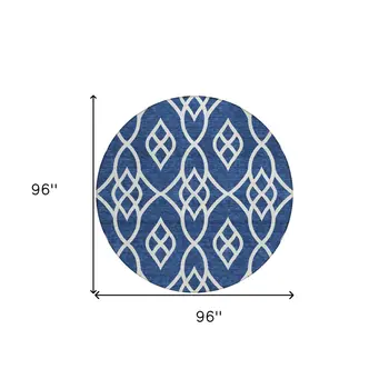8' Navy Blue And Ivory Round Trellis Washable Indoor Outdoor Area Rug