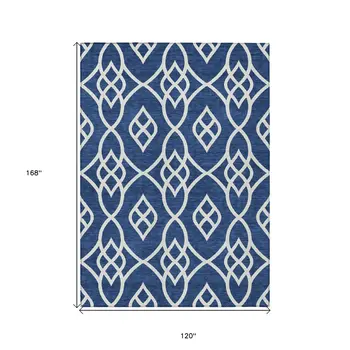 10' X 14' Navy Blue And Ivory Trellis Washable Indoor Outdoor Area Rug