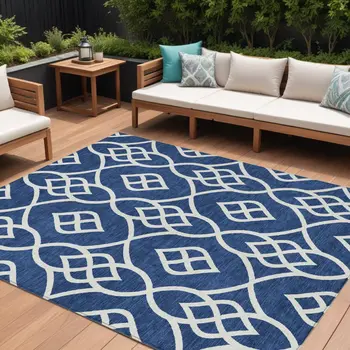 10' X 14' Navy Blue And Ivory Trellis Washable Indoor Outdoor Area Rug