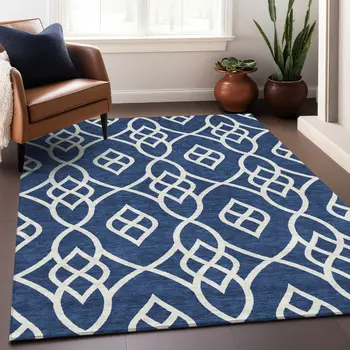 10' X 14' Navy Blue And Ivory Trellis Washable Indoor Outdoor Area Rug