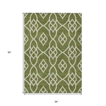 3' X 5' Olive Green And Ivory Trellis Washable Indoor Outdoor Area Rug