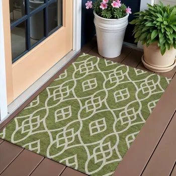 3' X 5' Olive Green And Ivory Trellis Washable Indoor Outdoor Area Rug