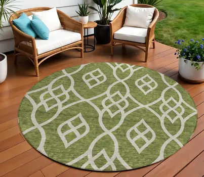 8' Olive Green And Ivory Round Trellis Washable Indoor Outdoor Area Rug