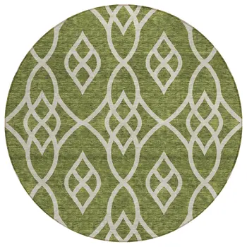 8' Olive Green And Ivory Round Trellis Washable Indoor Outdoor Area Rug