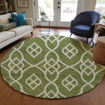 8' Olive Green And Ivory Round Trellis Washable Indoor Outdoor Area Rug
