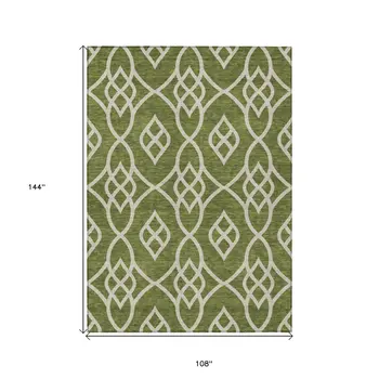 9' X 12' Olive Green And Ivory Trellis Washable Indoor Outdoor Area Rug