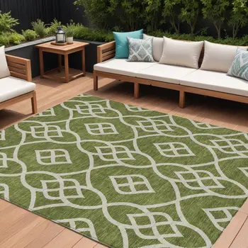 10' X 14' Olive Green And Ivory Trellis Washable Indoor Outdoor Area Rug