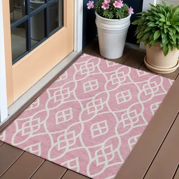 3' X 5' Pink And Ivory Trellis Washable Indoor Outdoor Area Rug