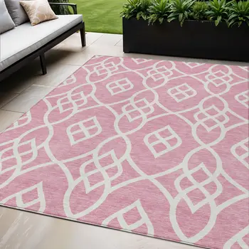 5' X 8' Pink And Ivory Trellis Washable Indoor Outdoor Area Rug