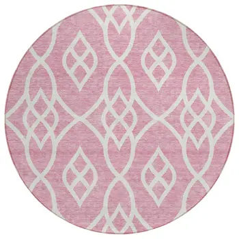 8' Pink And Ivory Round Trellis Washable Indoor Outdoor Area Rug