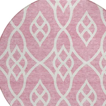 8' Pink And Ivory Round Trellis Washable Indoor Outdoor Area Rug