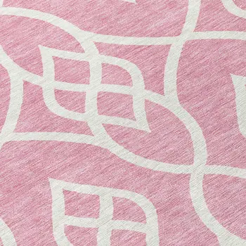 8' Pink And Ivory Round Trellis Washable Indoor Outdoor Area Rug