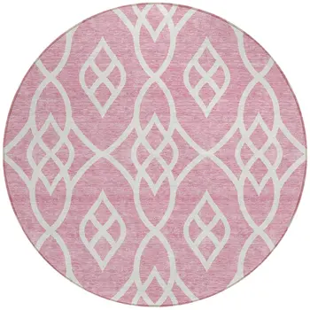 8' Pink And Ivory Round Trellis Washable Indoor Outdoor Area Rug