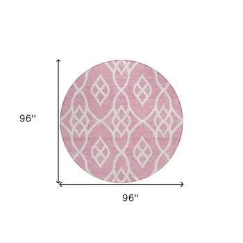 8' Pink And Ivory Round Trellis Washable Indoor Outdoor Area Rug