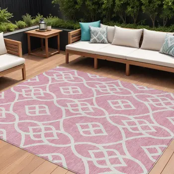 10' X 14' Pink And Ivory Trellis Washable Indoor Outdoor Area Rug