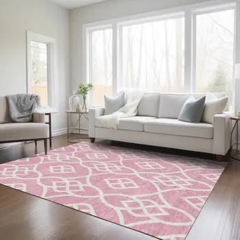 10' X 14' Pink And Ivory Trellis Washable Indoor Outdoor Area Rug