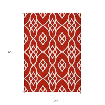 3' X 5' Red And Ivory Trellis Washable Indoor Outdoor Area Rug