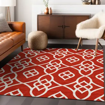 5' X 8' Red And Ivory Trellis Washable Indoor Outdoor Area Rug