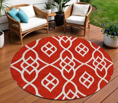 8' Red And Ivory Round Trellis Washable Indoor Outdoor Area Rug