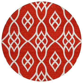 8' Red And Ivory Round Trellis Washable Indoor Outdoor Area Rug