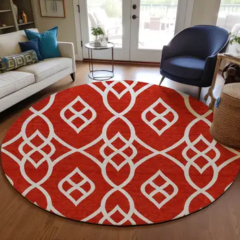 8' Red And Ivory Round Trellis Washable Indoor Outdoor Area Rug