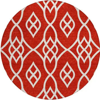 8' Red And Ivory Round Trellis Washable Indoor Outdoor Area Rug