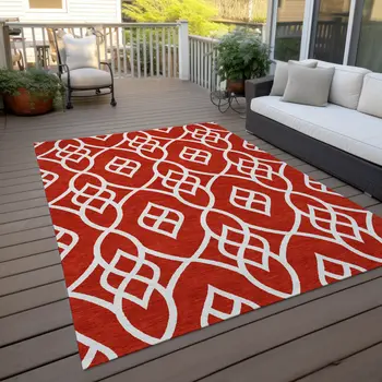 9' X 12' Red And Ivory Trellis Washable Indoor Outdoor Area Rug