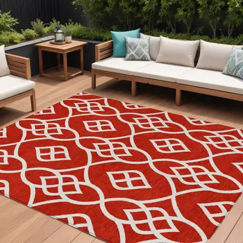 10' X 14' Red And Ivory Trellis Washable Indoor Outdoor Area Rug