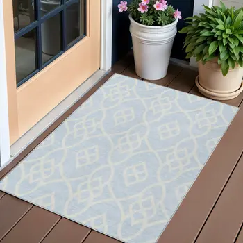 3' X 5' Sky Blue And Ivory Trellis Washable Indoor Outdoor Area Rug