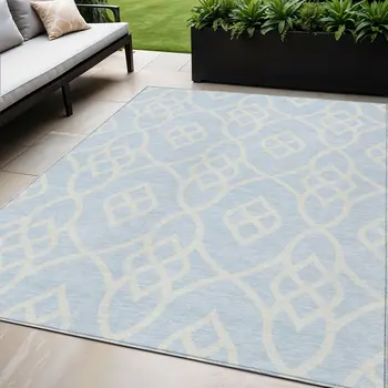 5' X 8' Sky Blue And Ivory Trellis Washable Indoor Outdoor Area Rug