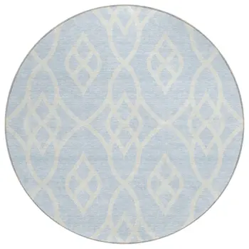 8' Sky Blue And Ivory Round Trellis Washable Indoor Outdoor Area Rug