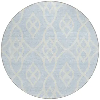 8' Sky Blue And Ivory Round Trellis Washable Indoor Outdoor Area Rug