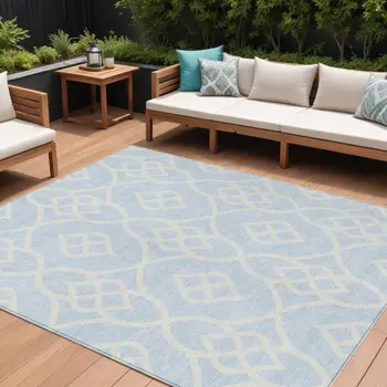 8' X 10' Sky Blue And Ivory Trellis Washable Indoor Outdoor Area Rug