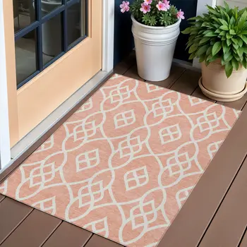3' X 5' Salmon And Ivory Trellis Washable Indoor Outdoor Area Rug