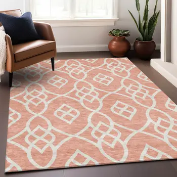 3' X 5' Salmon And Ivory Trellis Washable Indoor Outdoor Area Rug