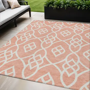 5' X 8' Salmon And Ivory Trellis Washable Indoor Outdoor Area Rug