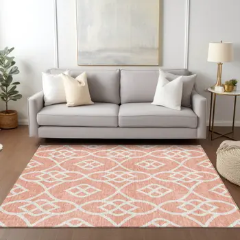 5' X 8' Salmon And Ivory Trellis Washable Indoor Outdoor Area Rug