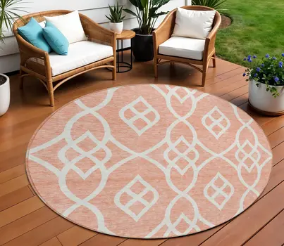 8' Salmon And Ivory Round Trellis Washable Indoor Outdoor Area Rug
