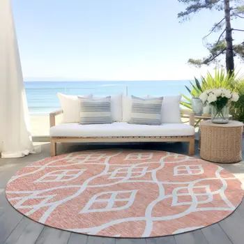 8' Salmon And Ivory Round Trellis Washable Indoor Outdoor Area Rug